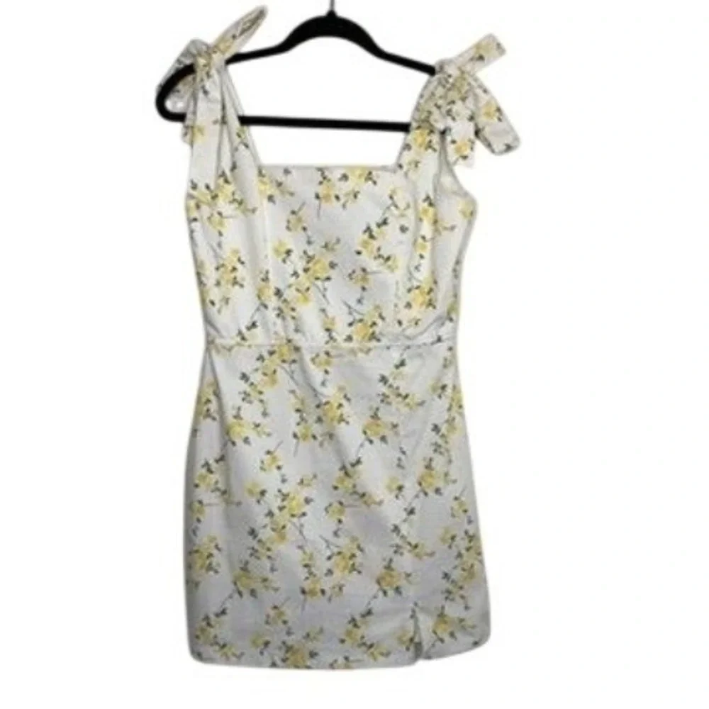 Trixxi Floral Mini Dress Womens Large White Yellow Tie Shoulder Square Neck NEW